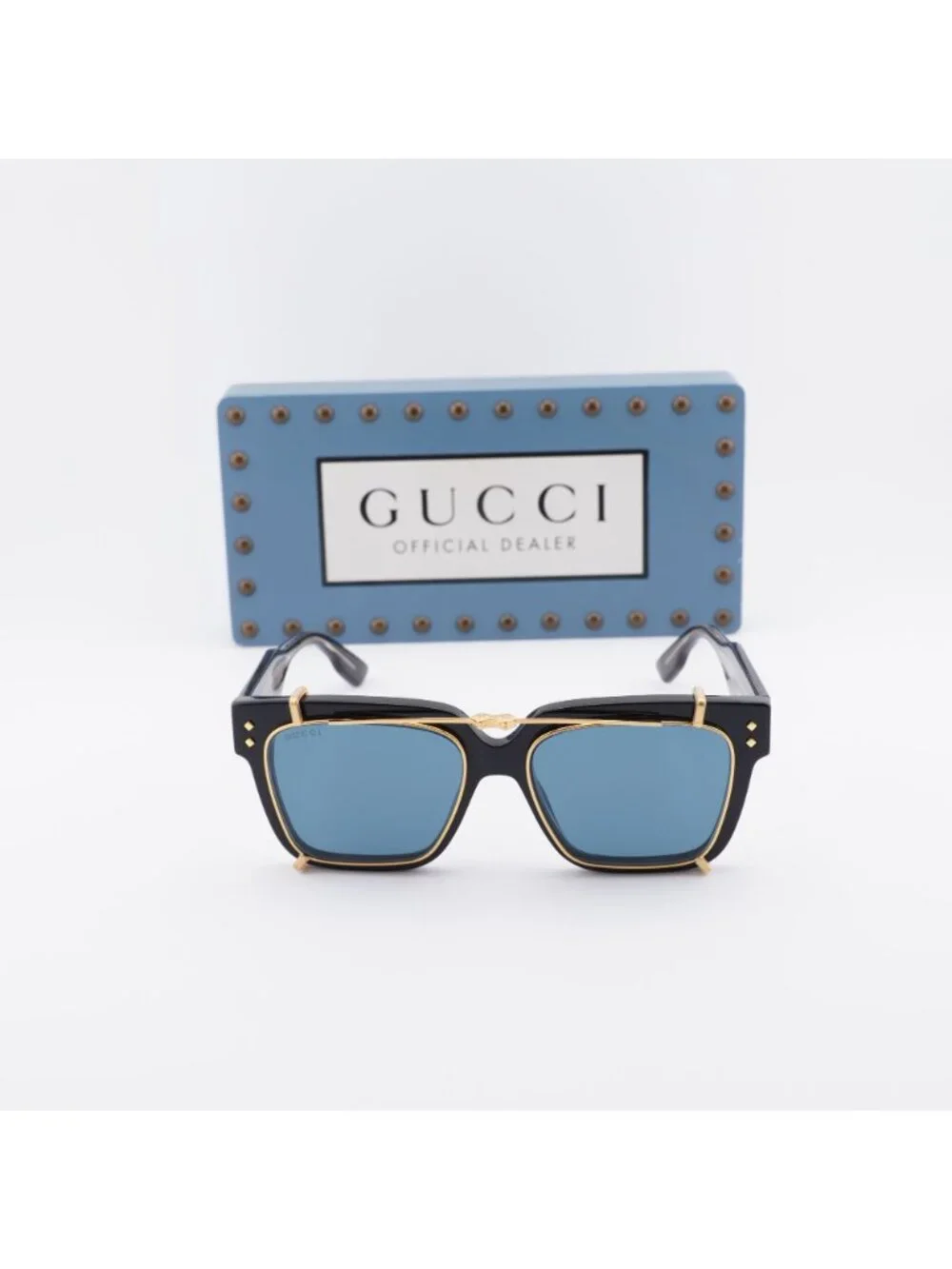 Gucci GG1084S 005 Square Sunglasses - Black / Gold / Light Blue Clip-On